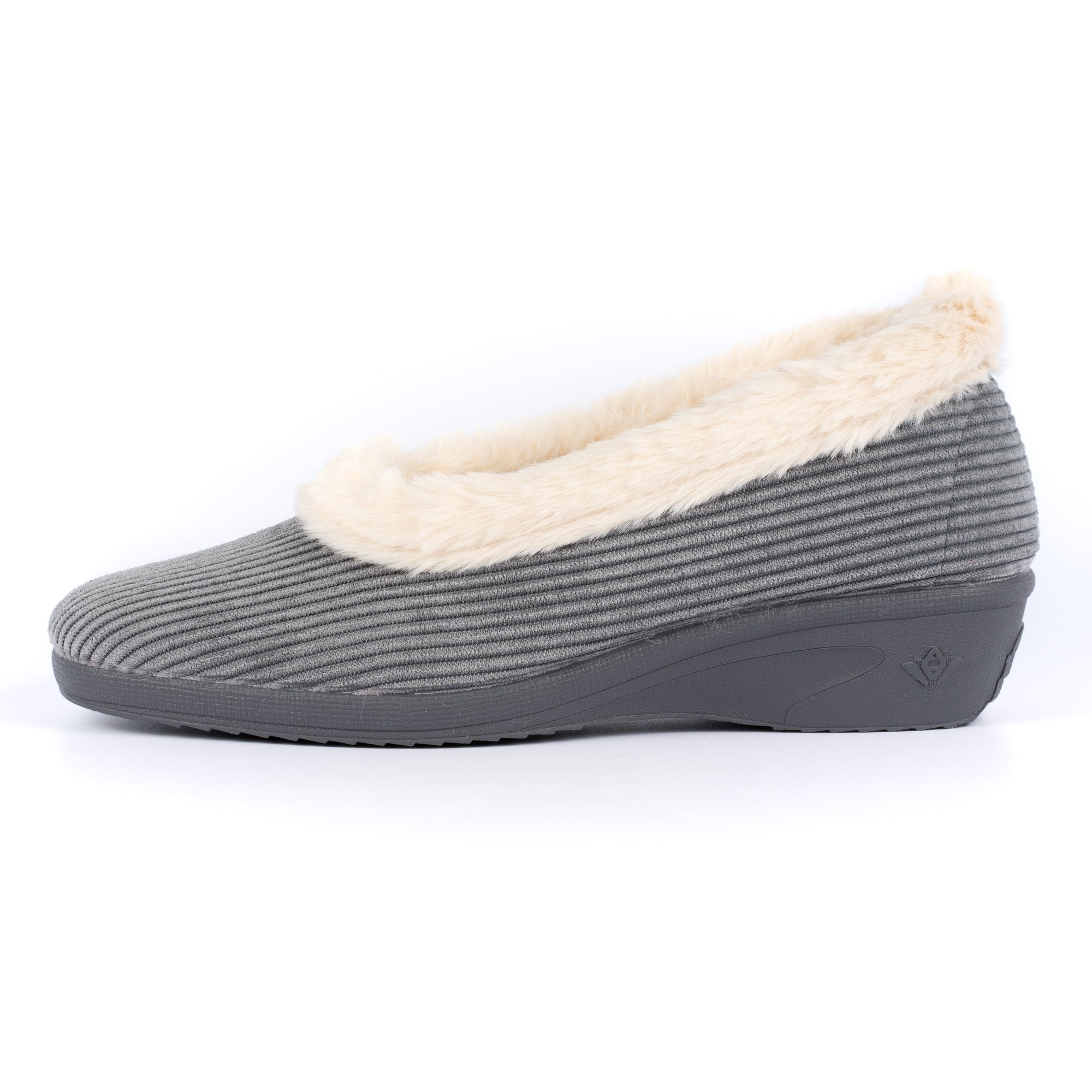 Glynis Grey Fur Trim Wedge Slipper