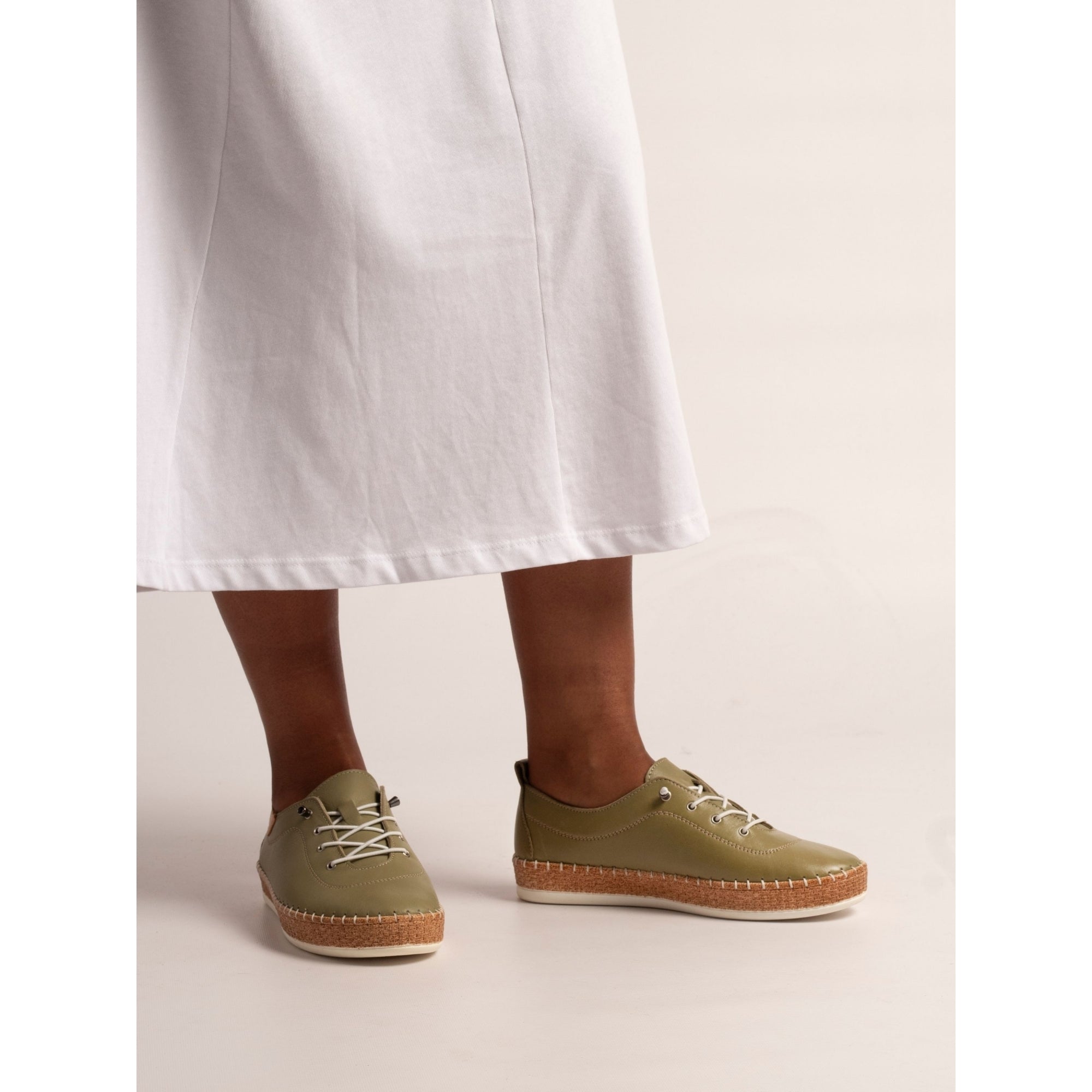 Evie Khaki Leather Plimsoll