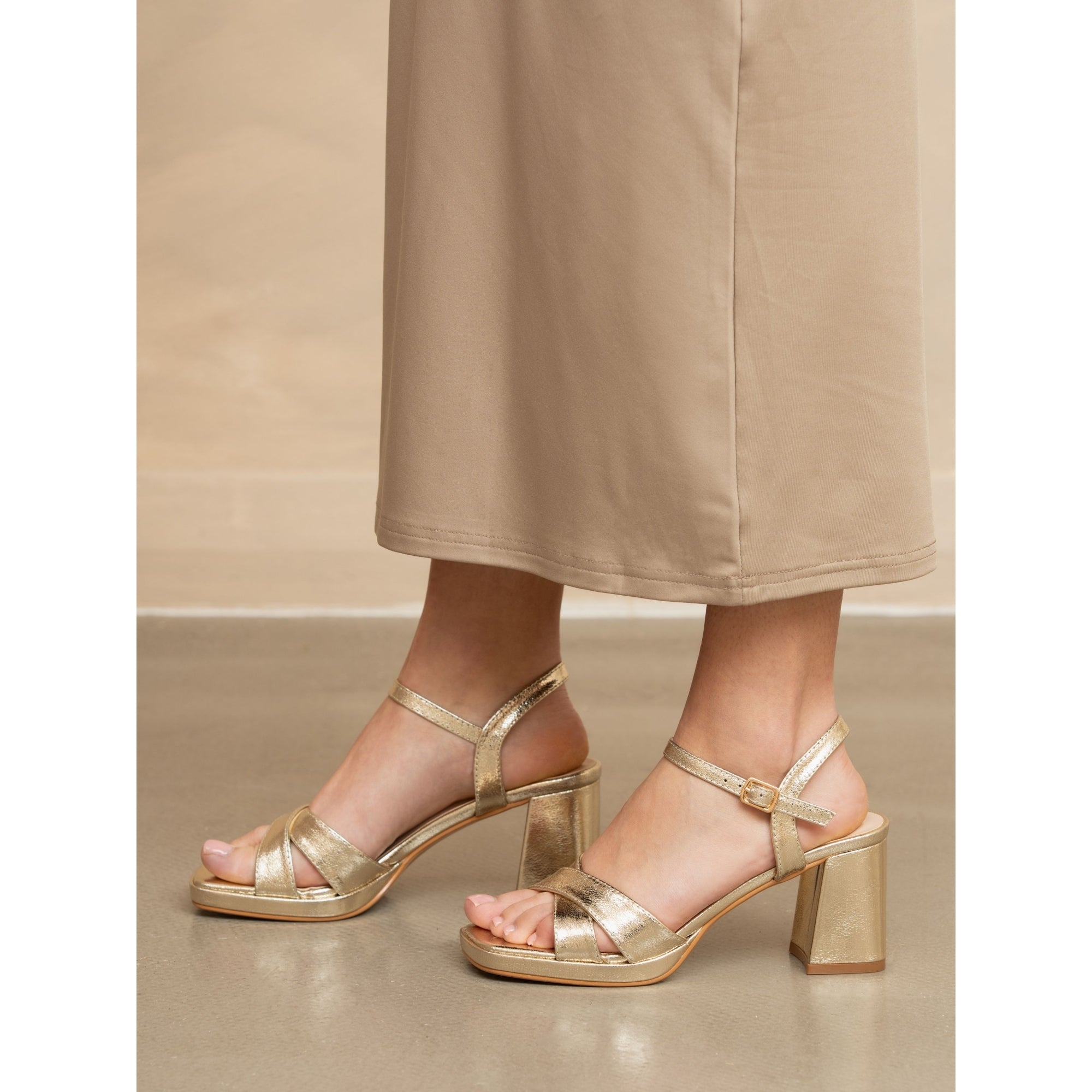 Justina Gold Block Heel Sandal